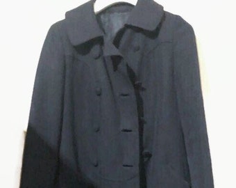 60s 70s coat Navy blue double buttoned front fitted alined size 38 S