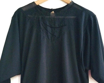 80er Bluse schwarz Spitze Dekor schlicht longleve Bibliothekarier Top Größe m