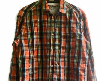 90s men's plaid  long sleeves button up 90s shirt checked Orange  cotton shirt size L