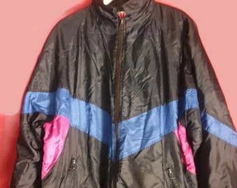 80s90s windbreaker Striped  Shiny Nylon blue black pink oversize shell jacket  size 54 large