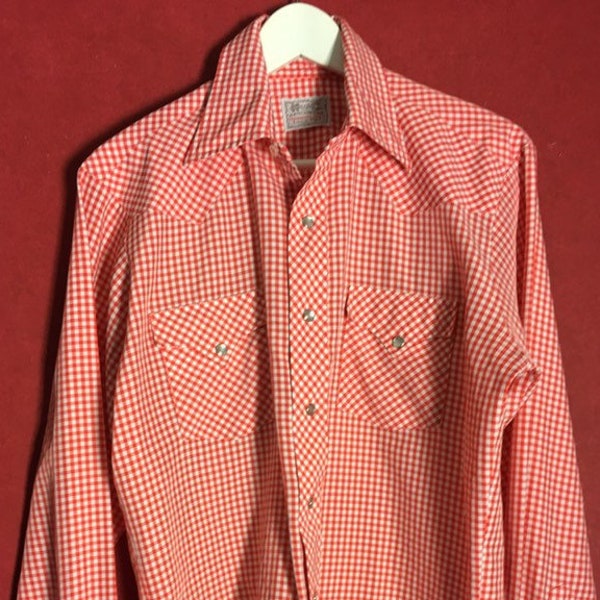 90s00s Men's Shirt Ginham redwhite western ranch  permanent iron Casual  presspopper button up Down Top size s