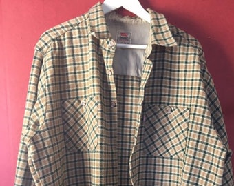 70s shirt shirtjacket Levi’s s beige checked mens casual plaid retro long sleeved button up  wool size xl rare