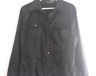 90s blouse shiny black satin long sleeved button up size m