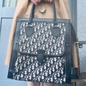 80s Dior Monogram bag  Trotter Navy blue beige leather trimmed  Handbag CHRISTIAN DIOR Canvas Tote Monogram big Hand Bag 