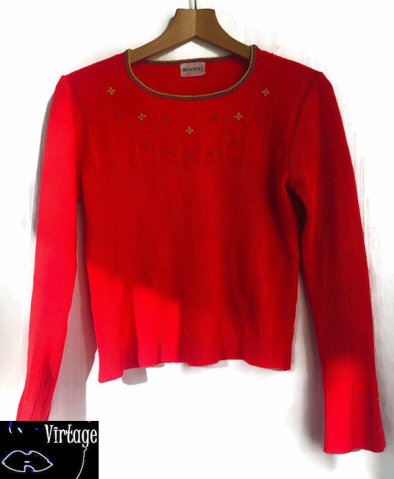 70s pullover knitsweater floral basic red longslee