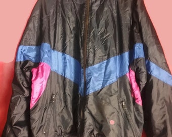 80s90s Windbreaker Striped Shiny Nylon Blue Black Pink