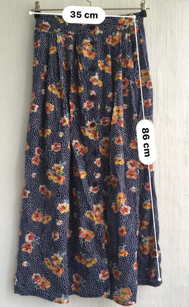 Vintage 80s skirt blue floral ankle length buttoning size m