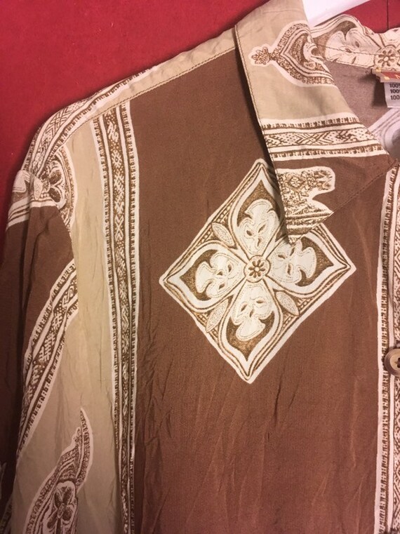 80s blouse  patterned brown beige longsleeved but… - image 2