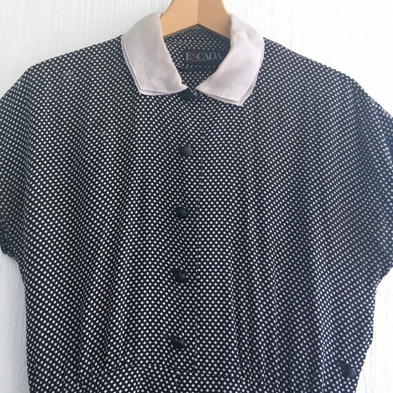 80s Dress collared Polkadotted black white Button… - image 3