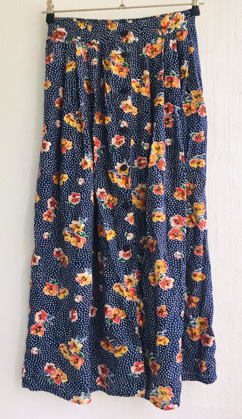 Vintage 80s skirt blue floral ankle length buttoning size m