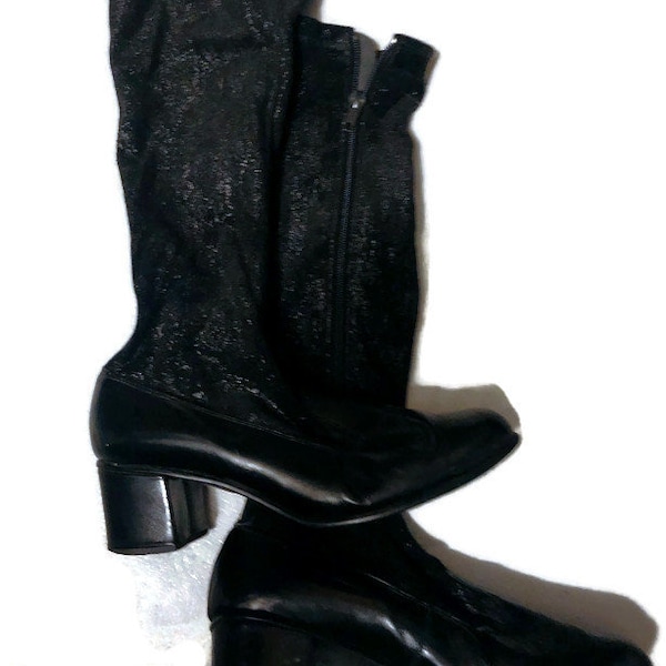 Bottes des années 70 vinyle brillant bloc talon bottes noires taille 38