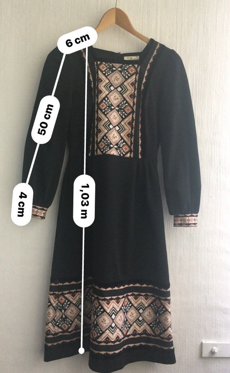 70s dress aplak black patterned longsleeved size 36 xs