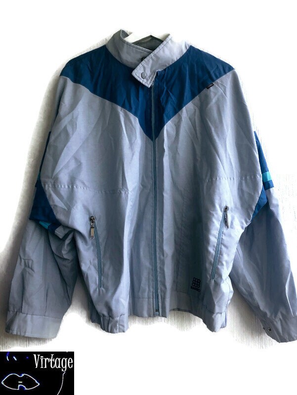 70s Jacket Gray Blue Zipup Mens Retro Windbreaker Jacket