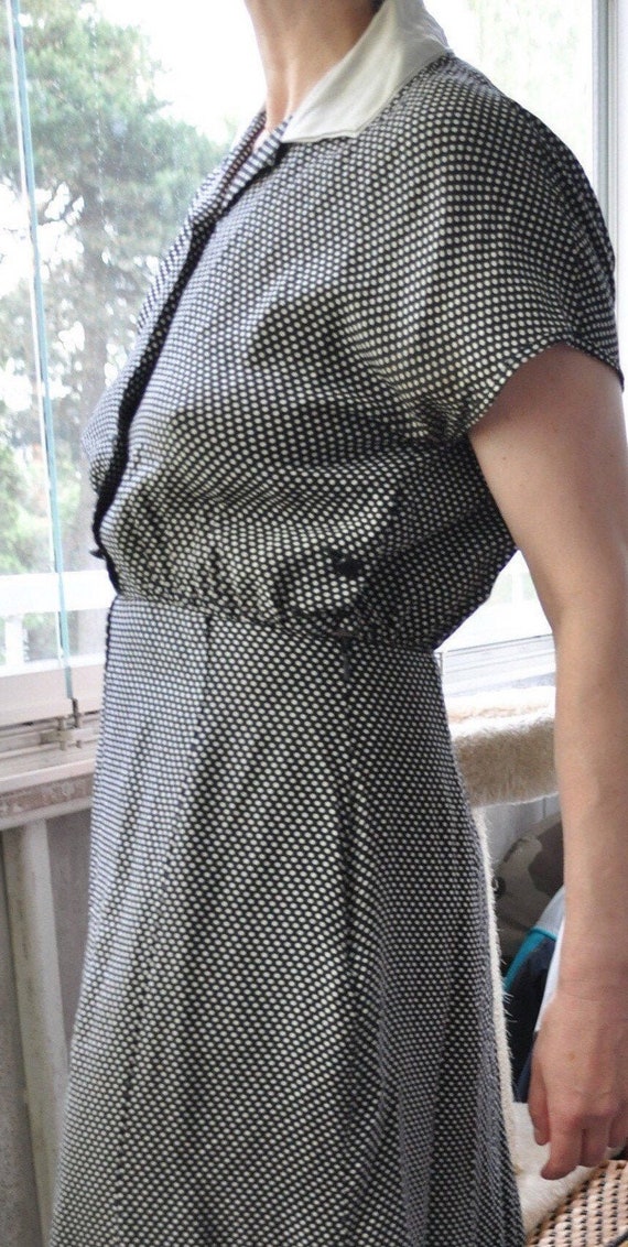 80s Dress collared Polkadotted black white Button… - image 7