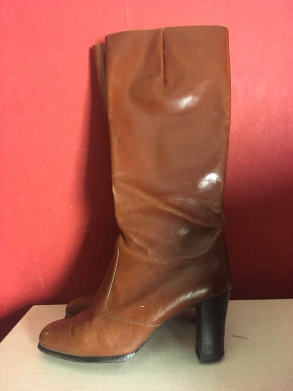 80s Boots Brown Shiny Leather Disco Glam Preppy Campus Womens