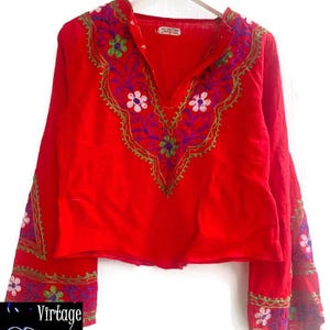 70s blouse peasant black Embroidered longsleeved hippie Boho top size S