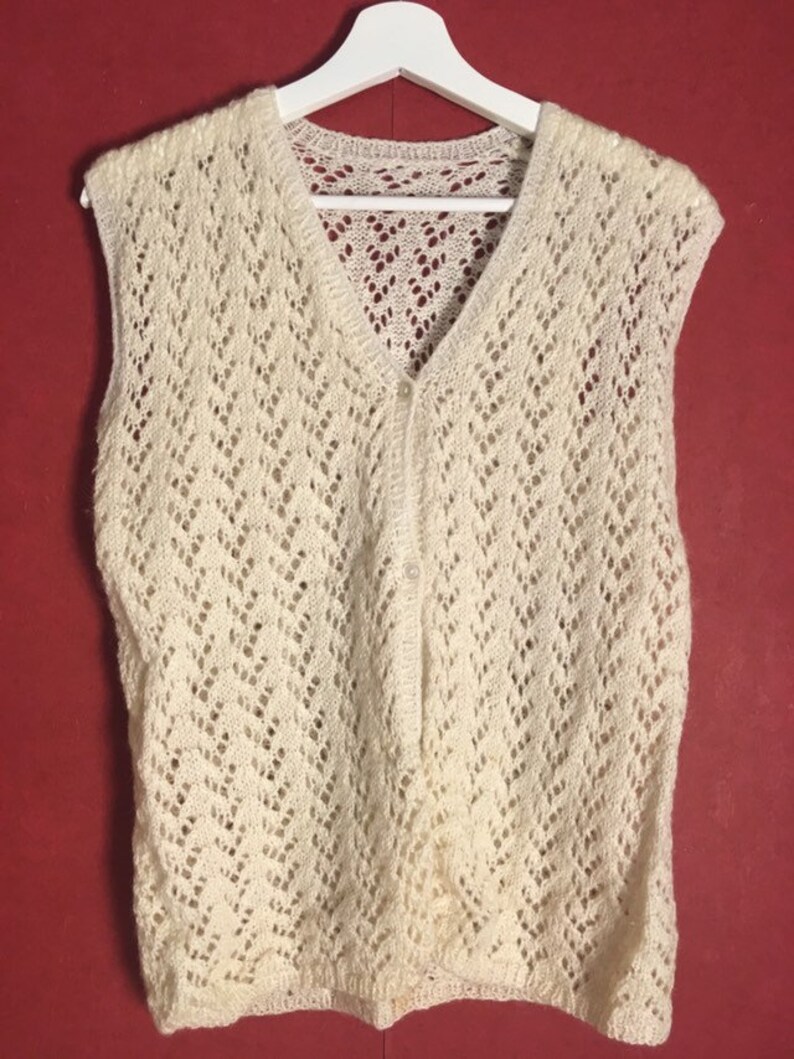 vintage 70s vest Pointelle Chevron White V neck Button Up Vest hand made Size S-m
