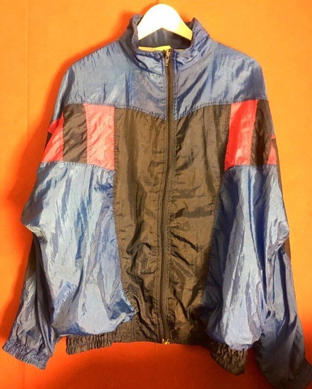 80s Windbreaker Outfit Multicolor Colorblock Blue Shiny Nylon shellsuit Jacket Size M