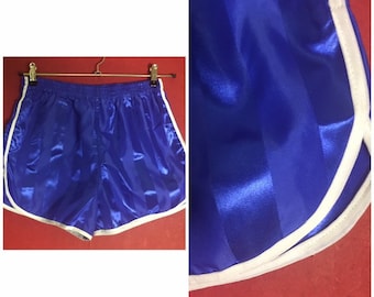 70s men’s shorts  gym shorts football shorts blue white shiny satin retro.sports wear sizes: men’s XS and XL/XXL