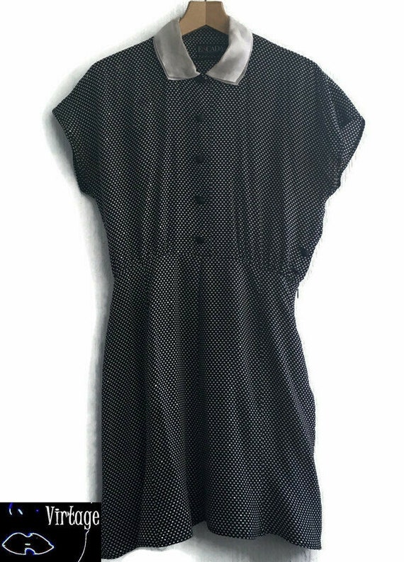 80s Dress collared Polkadotted black white Button… - image 9
