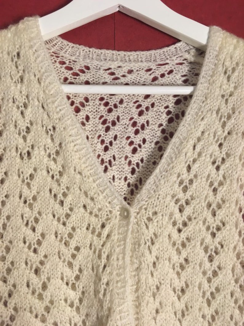 vintage 70s vest Pointelle Chevron White V neck Button Up Vest hand made Size S-m