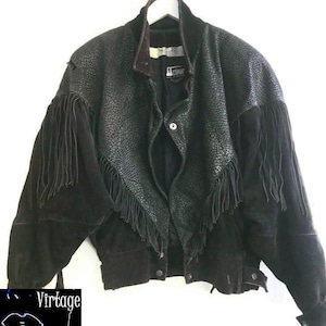 Veste en cuir à franges county des années 80, taille western