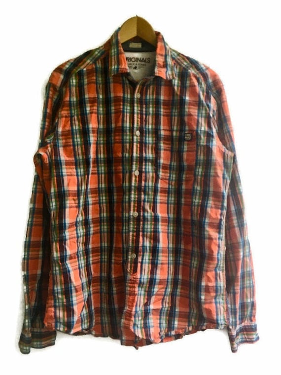PLAID KNOT Front BLOUSE Vintage 80 /'Wild Flowers/' Woman Crop Top Red Blue Checked Button Up Shirt sz L