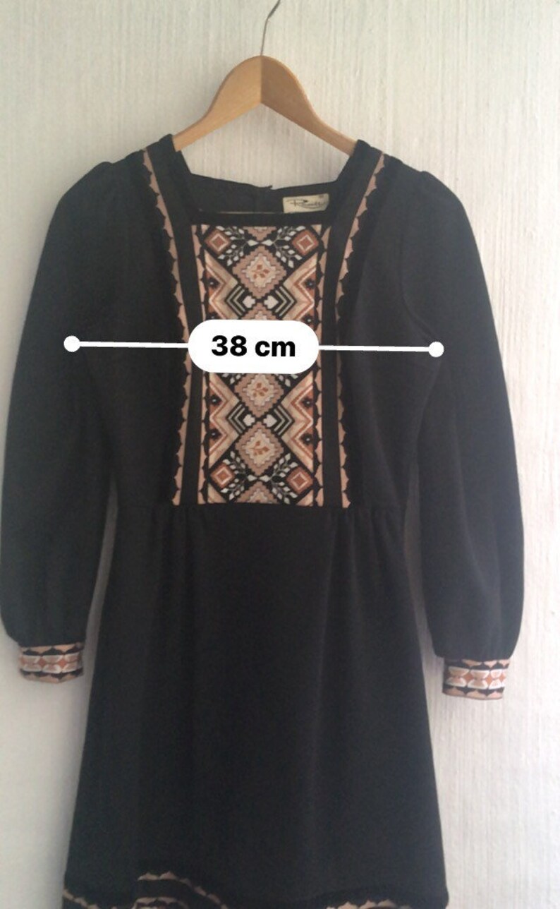70s dress aplak black patterned longsleeved size 36 xs