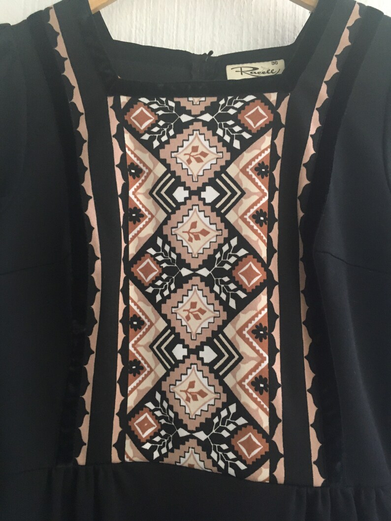 70s dress aplak black patterned longsleeved size 36 xs