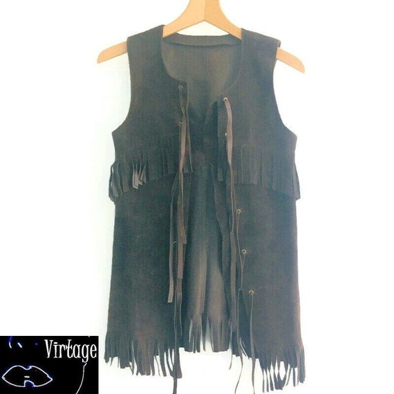 70s suede vest Fringed Dark chocolate brown Longf… - image 1