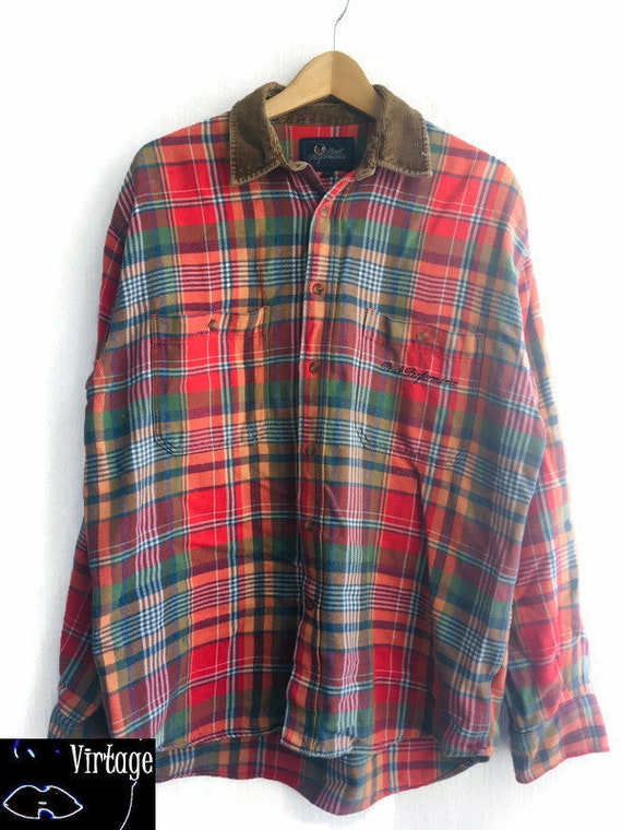 red in yellow flannel button up 1990/'s plaid blue and green