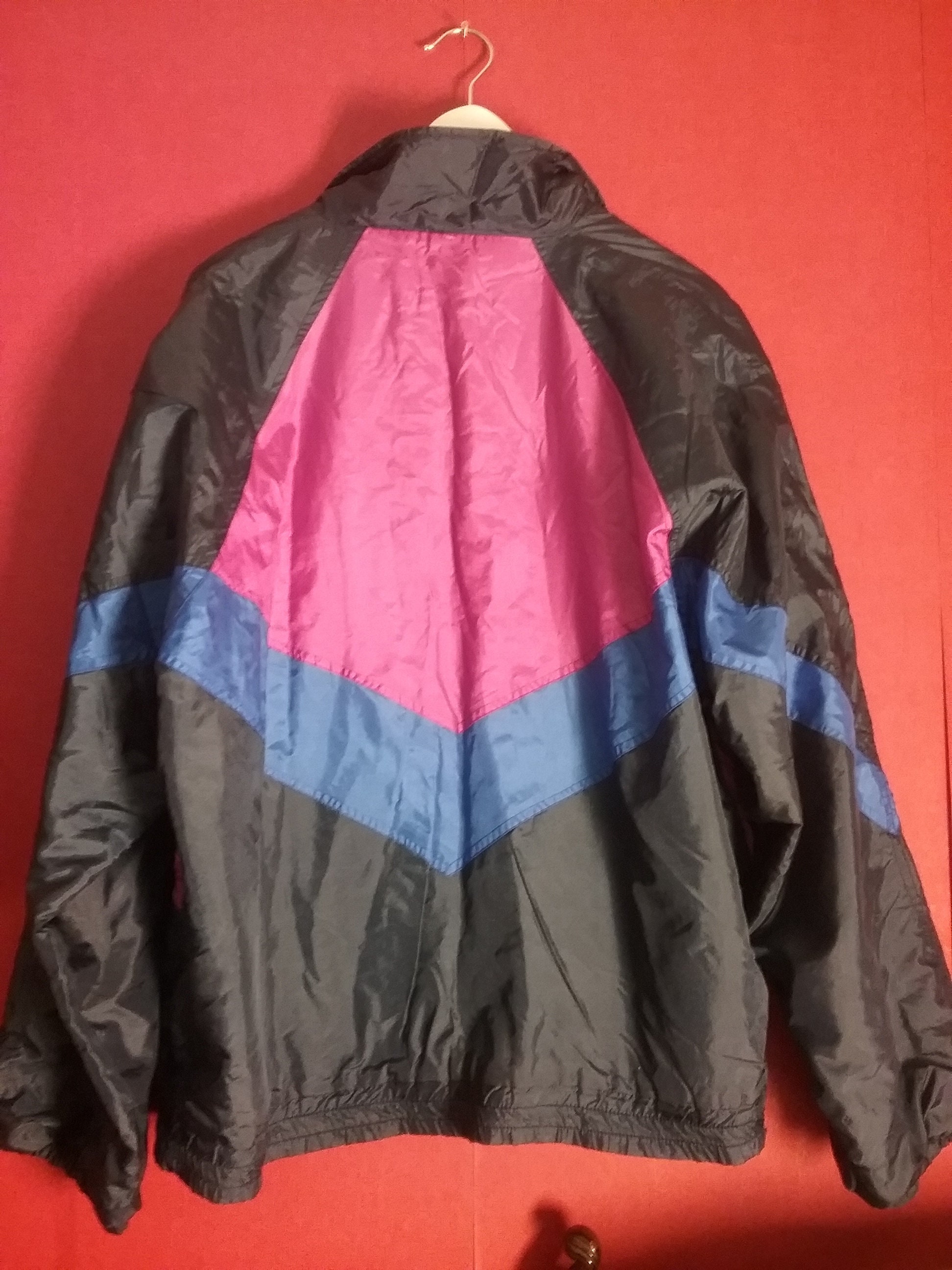 80s90s Windbreaker Striped Shiny Nylon Blue Black Pink