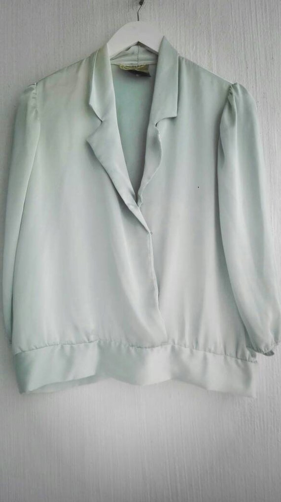 80s blouse silky aqua pastel collared loosefit to… - image 1