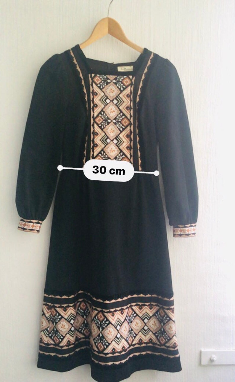 70s dress aplak black patterned longsleeved size 36 xs