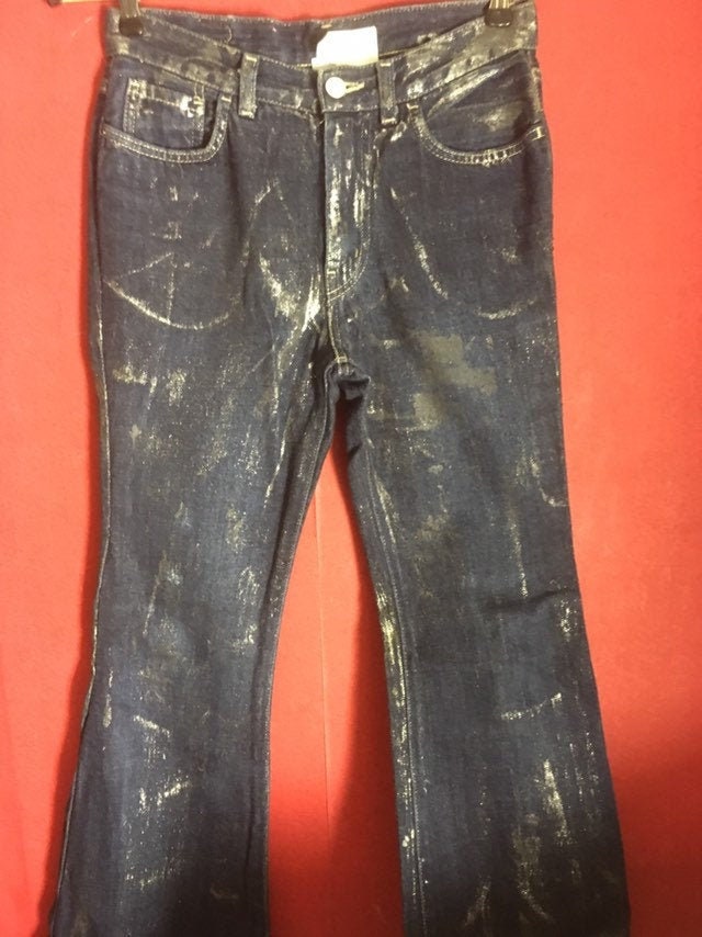 90s Jeans Flared Blue Silverpainted Jeans Size Xs 26