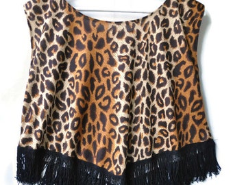 80s90s crop top Animal print leopard print Crop top Fringed Sleeveless disco glam top blouse  Size S