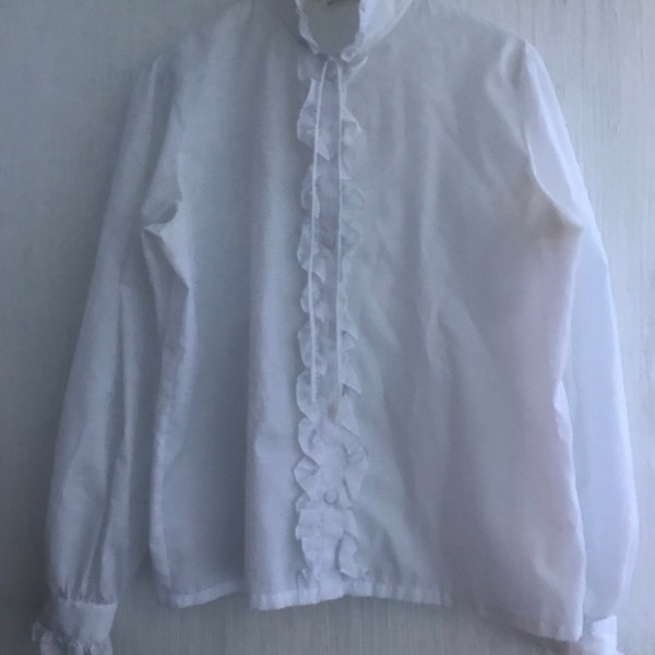 80s 90s blouse ruffled white long sleeved size M-L 44