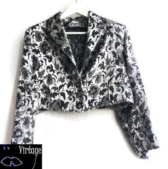 90s Jacket Cropped Gray Patterned Floral Blazer Womens Button Up Modern Jacobean Jacket Size S