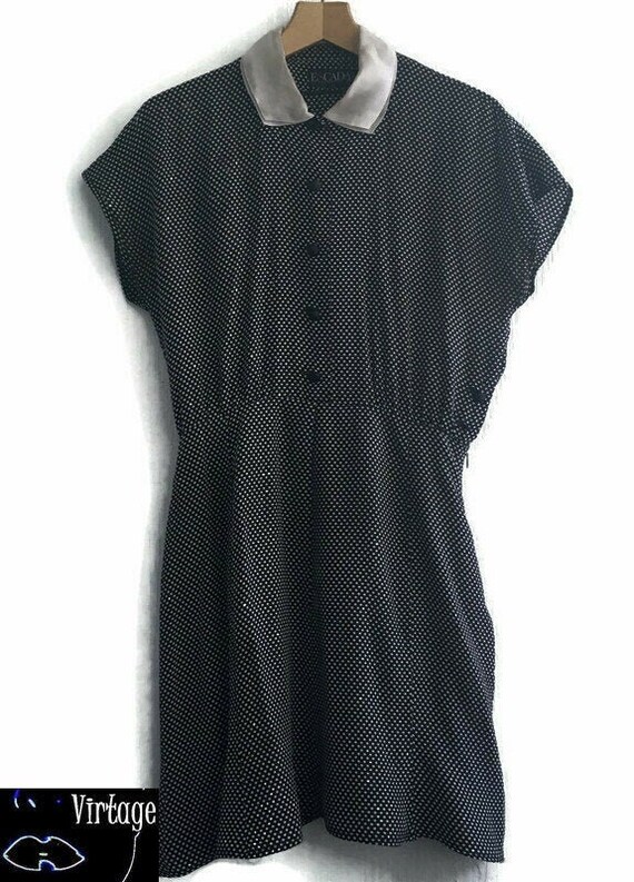 80s Dress collared Polkadotted black white Button… - image 2