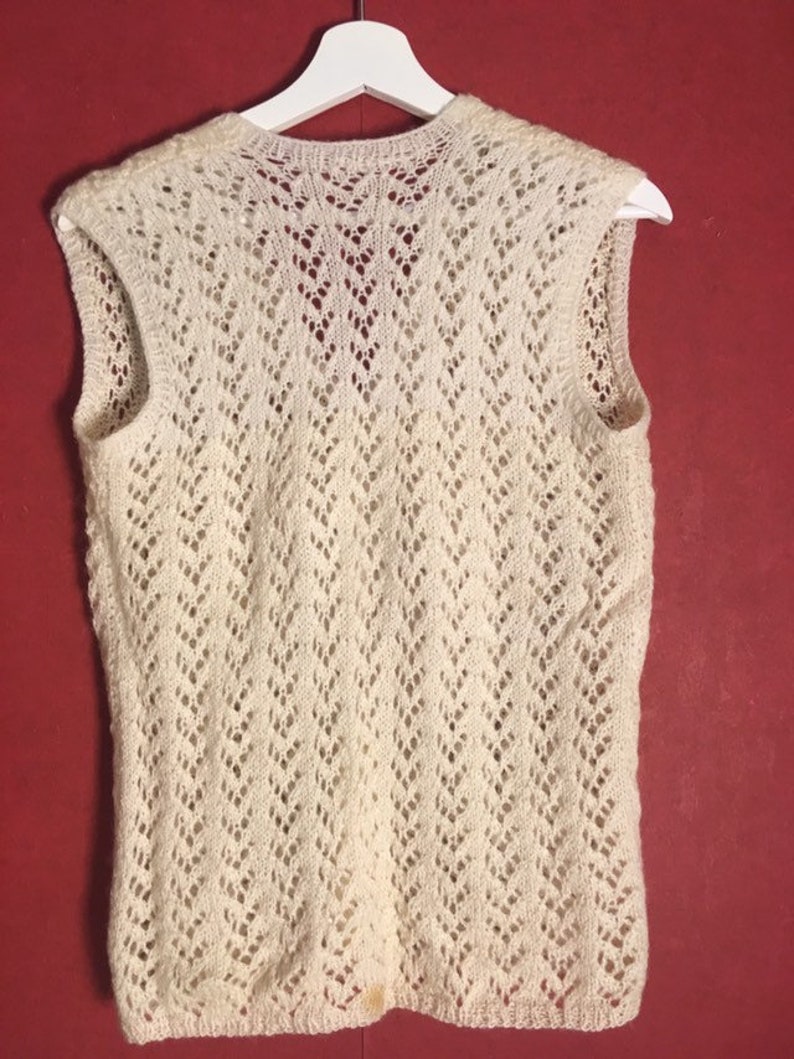 vintage 70s vest Pointelle Chevron White V neck Button Up Vest hand made Size S-m