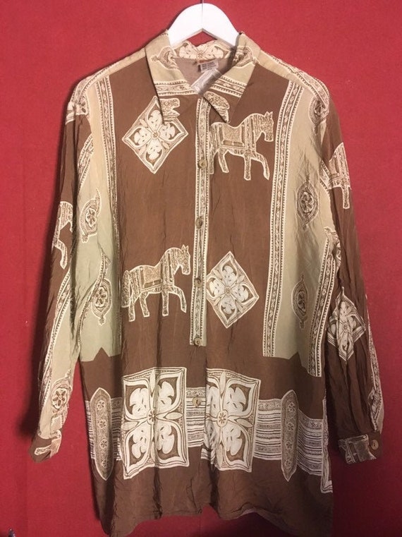 80s blouse  patterned brown beige longsleeved but… - image 1