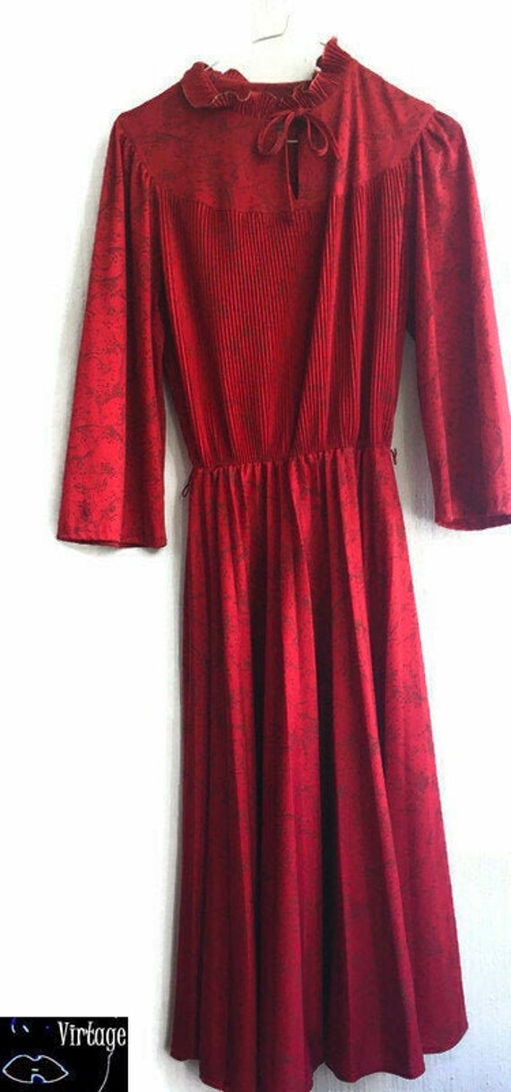 70s80s Mididress ascot Red HighCollared High Neck 