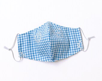 Baby Blue White Embroidered GINGHAM Face Mask with Filter Pockets for Kids & Adult. Reusable. Washable. Ready to Ship