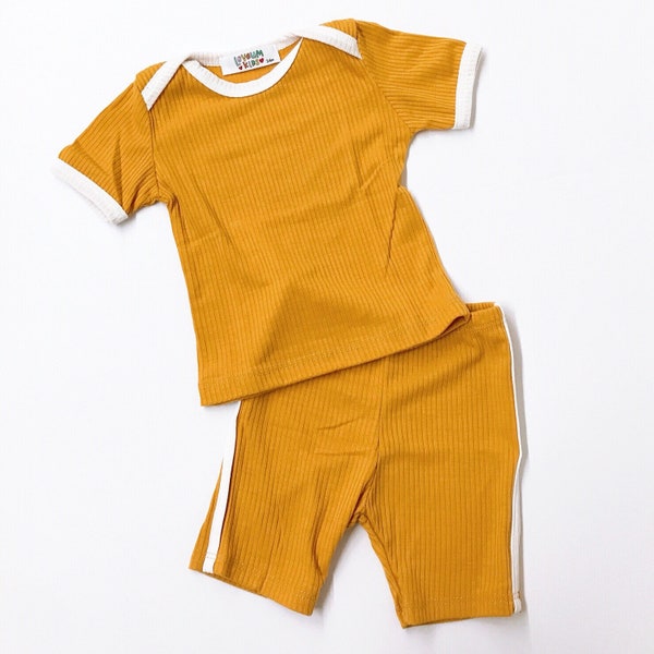 Baby Toddler Retro Loungewear Set in MUSTARD. Sizes: 3-6m to 18-24m