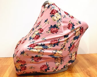 Infant Baby Stretchy Multi-Functioning "Blushing Flowers" Car Seat Cover, Nursing Cover, Cart Cover