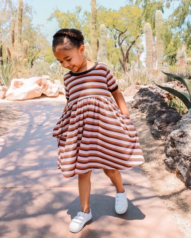 Eden Dress in Ribbed Mauve Rainbow Stripes Sz.2T-7 ON SALE