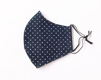 DARK DENIM Polka Dot Face Mask with Filter Pockets for Kids & Adult. Reusable. Washable. Ready to Ship