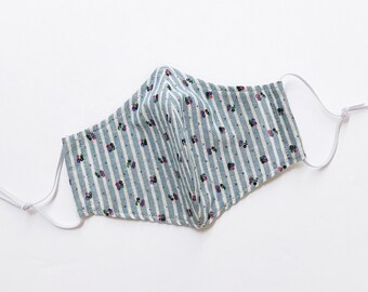 Chambray/White Floral Stripe Face Mask with Filter Pockets for Kids & Adult. Reusable. Washable. Ready to Ship