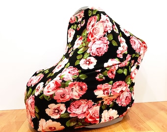 Infant Baby Stretchy Multi-Functioning "Red Roses" Car Seat Cover, Nursing Cover, Cart Cover