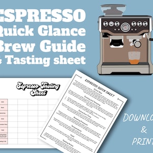 Puede incluir: Una guía y una hoja de cata imprimibles para hacer espresso. La guía incluye instrucciones para moler, dosificar, compactar, tiempo de extracción, presión de elaboración, temperatura, rendimiento y notas de cata. La hoja tiene una cuadrícula para registrar datos sobre cada trago de espresso.